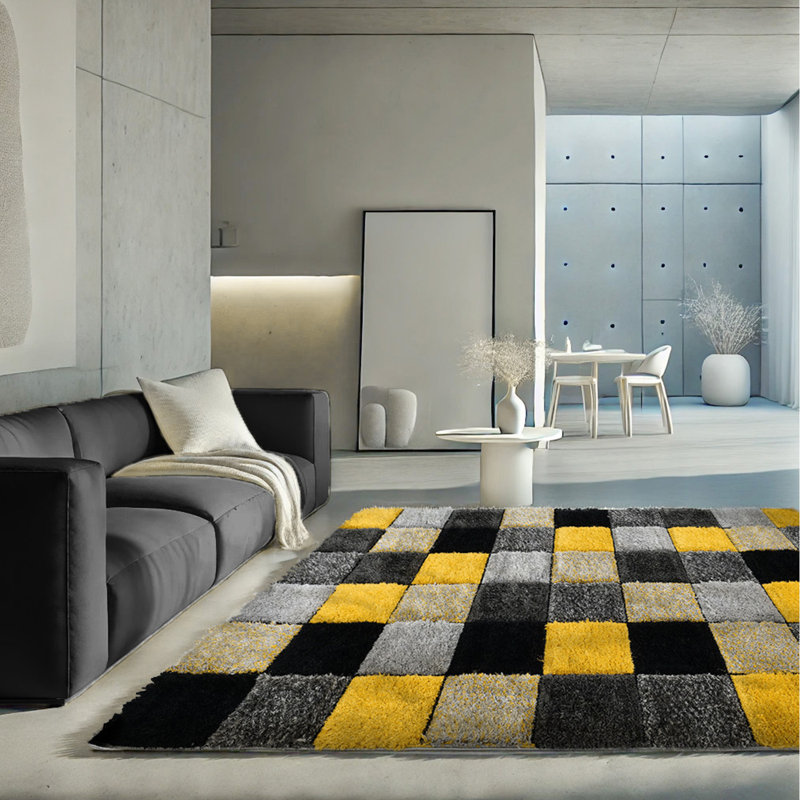 Shaggy Blocks High Pile Rug - Ochre, Rectangle 60 x 110 cm