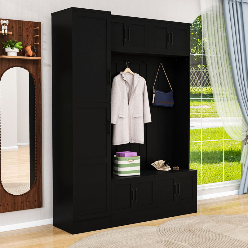 Versatile Hall Tree with Large Storage, Sturdy Hooks, and Built-In Seating, Black