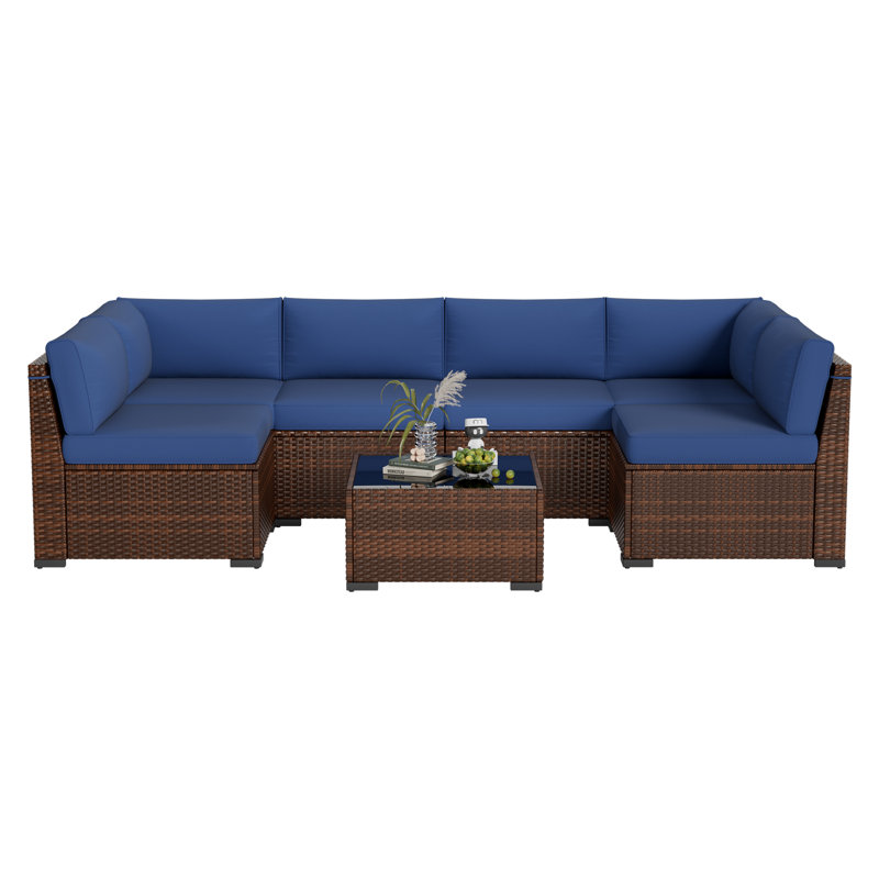 7 Piece Rattan Sectional Seating Group with Cushions, No, Navy