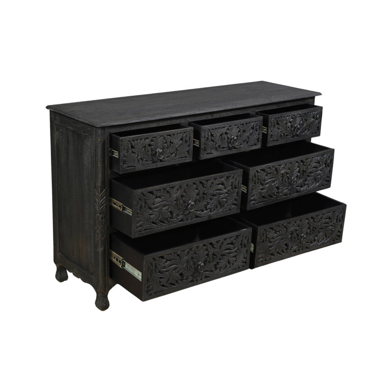 Commode double en bois massif à 7 tiroirs l 57 po Harleen, Noir