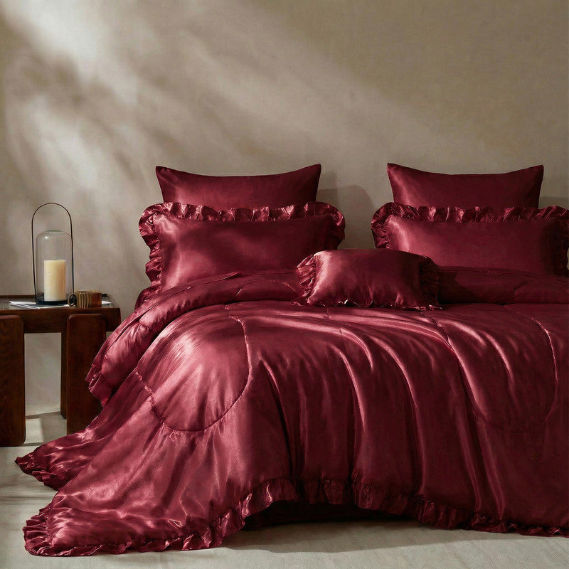 Ensemble d'édredon en satin pour grand lit 8 pièces Ensemble de literie en satin de soie soyeux à motif de volants avec 1 housse de coussin