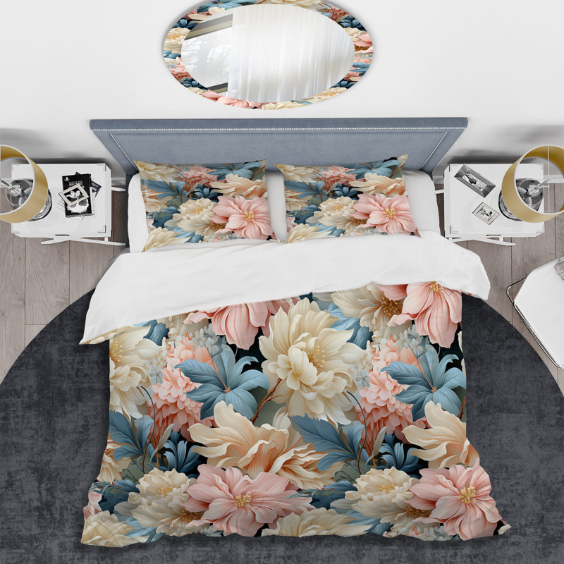 Vintage Beige Minimalism Floral Blossums Coastal Duvet Cover, Twin Duvet Cover + 1 Standard Sham