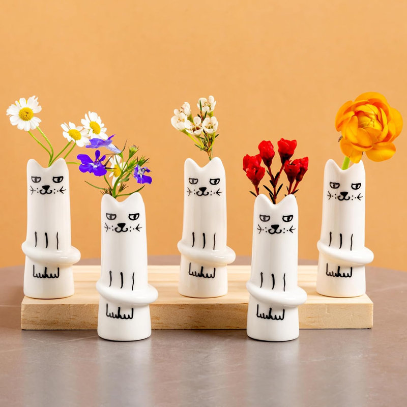 Set Of 5 Cat Flower Vase Bud Ceramic Small Cute Mini Handmade Decor - Unique Modern Tiny Wedding Party Birthday Gift - Bulk Trendy Pretty Little Vases