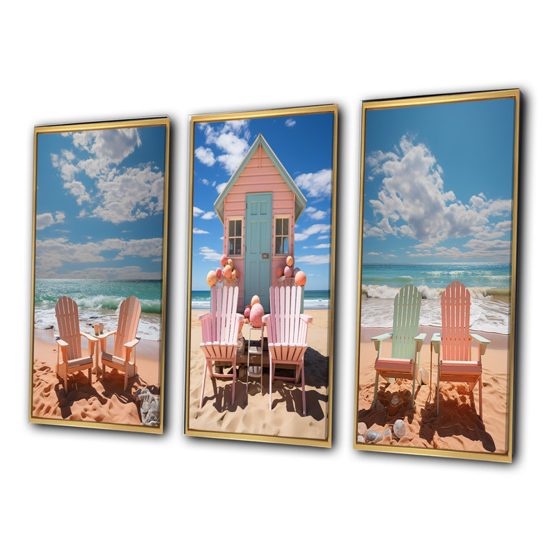 «Beach Chairs Dream», 3 pièces sur toile, Encadrement doré, H 20 po x l 36 po