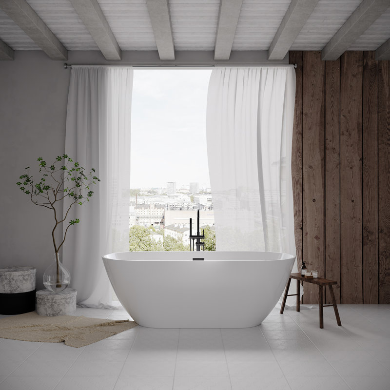 Baignoire autoportante de 55 po x 28,35 po, baignoires autoportantes de forme ovale en acrylique, baignoire en acrylique blanc brillant avec trop-plein et bonde escamotable
