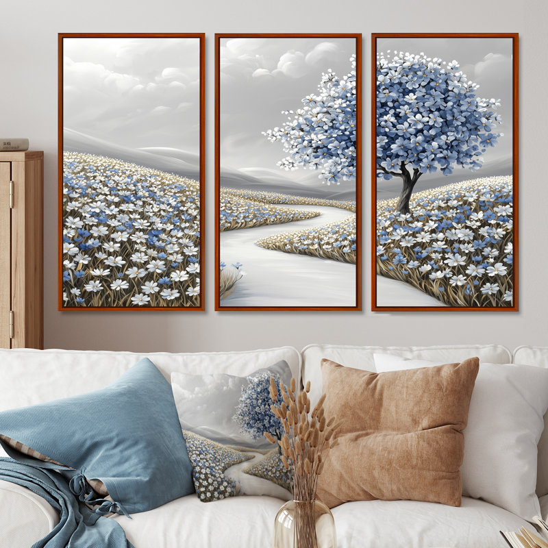 Ensemble de salon d'art mural campagne Blooms I - Cornflowers, Toile avec cadre flottant brun, H 28 po x l 36 po x P 1 po