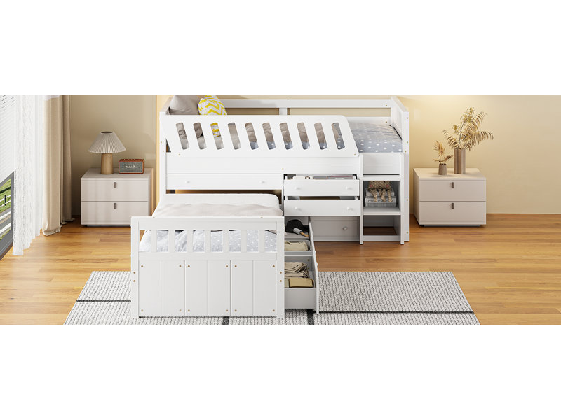 Lit mezzanine et lit plateforme en L avec 7 tiroirs et garde-corps, Blanc