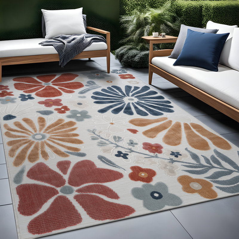 Tapis floral d'intérieur pour l'extérieur, White, Rectangle 4' x 6'
