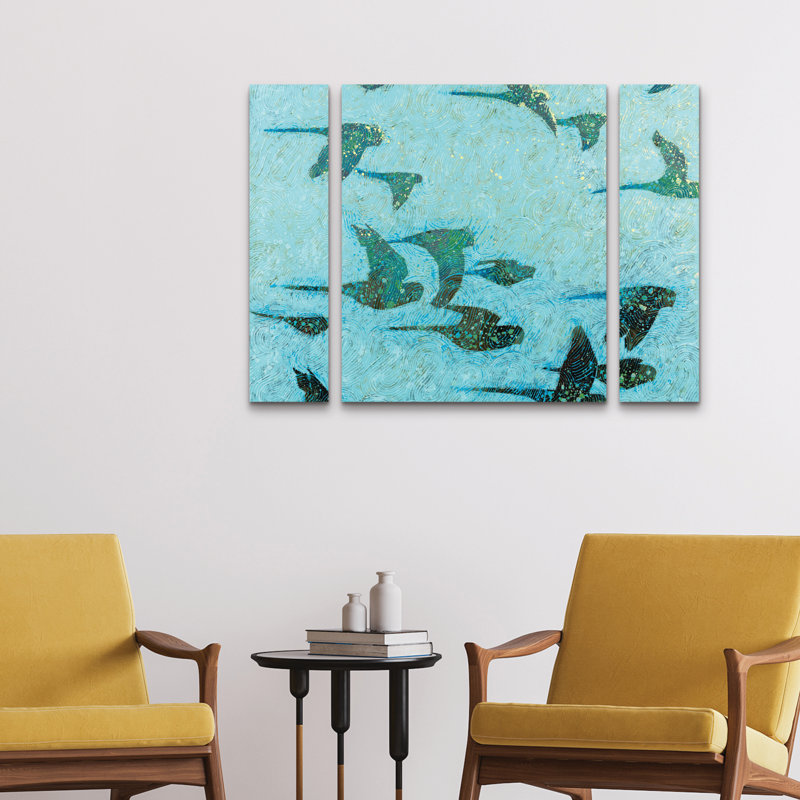 Ensemble de 3 panneaux - Shirley Novak «Gilded Flight Blue Green», art mural sur toile pour le salon, la chambre à coucher ou le bureau 