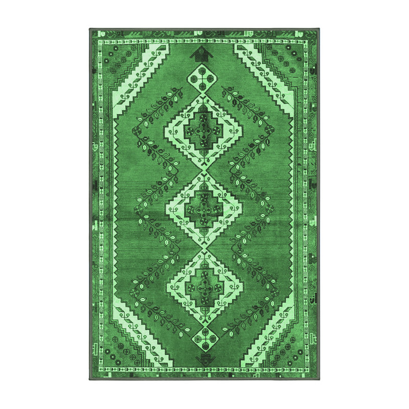 Tapis vert / ivoire / gris en laine tissé à la machine Genya, Rectangle 2 pi x 3 pi
