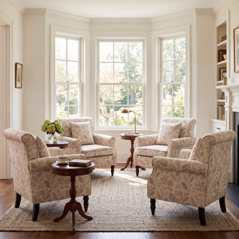 Vintage Floral Upholstered Armchair With Rolled Arms And Wooden Legs(Set Of 4), No, Oatmeal Leaf