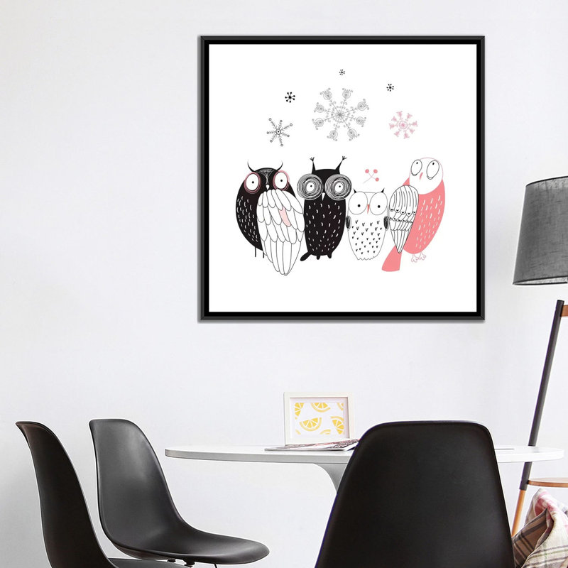 « hibou line-up », impression sur toile, H 37 po x l 37 po x P 1,5 po, Toile encadrée noire