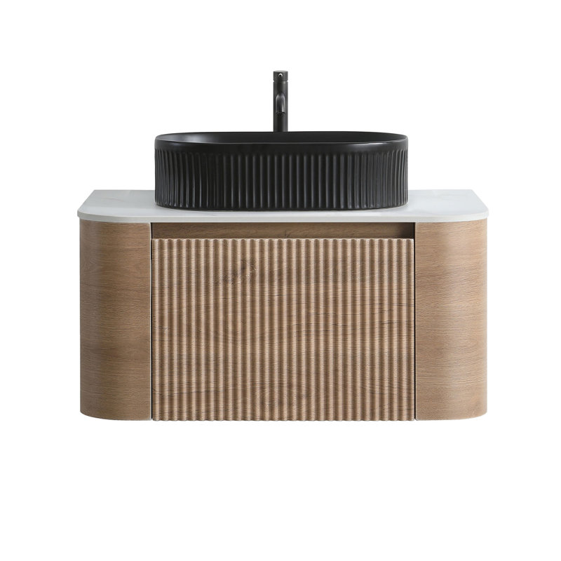 Meuble-lavabo flottant 30 po avec lavabo vasque et porte-serviettes pré-assemblés 30 po, Noir, Honey Oak