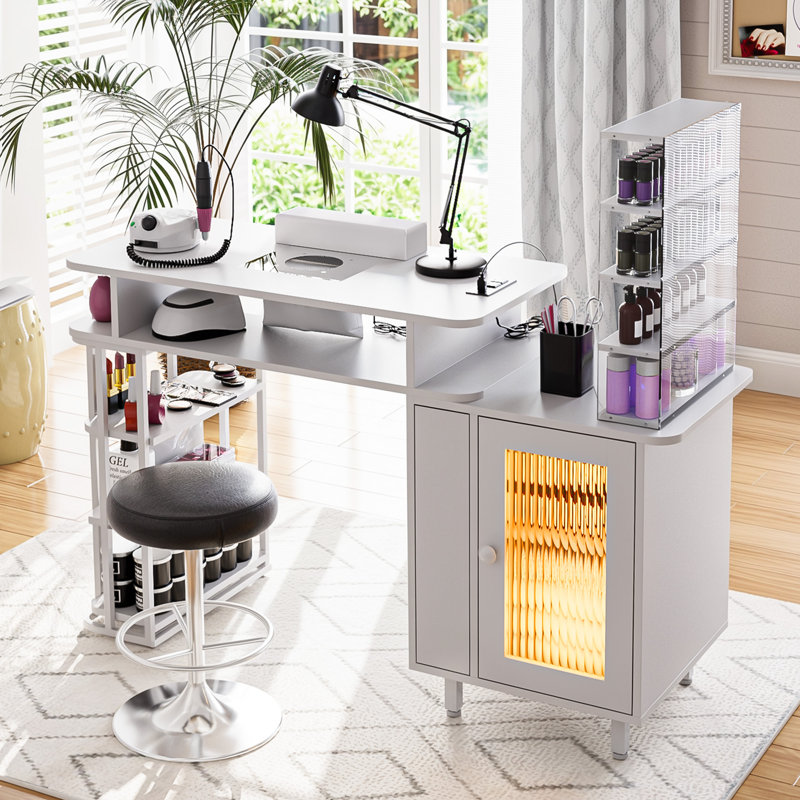 Table manucure Cody II avec lumières RVB, longueur réglable, station de rangement et de charge, Blanc