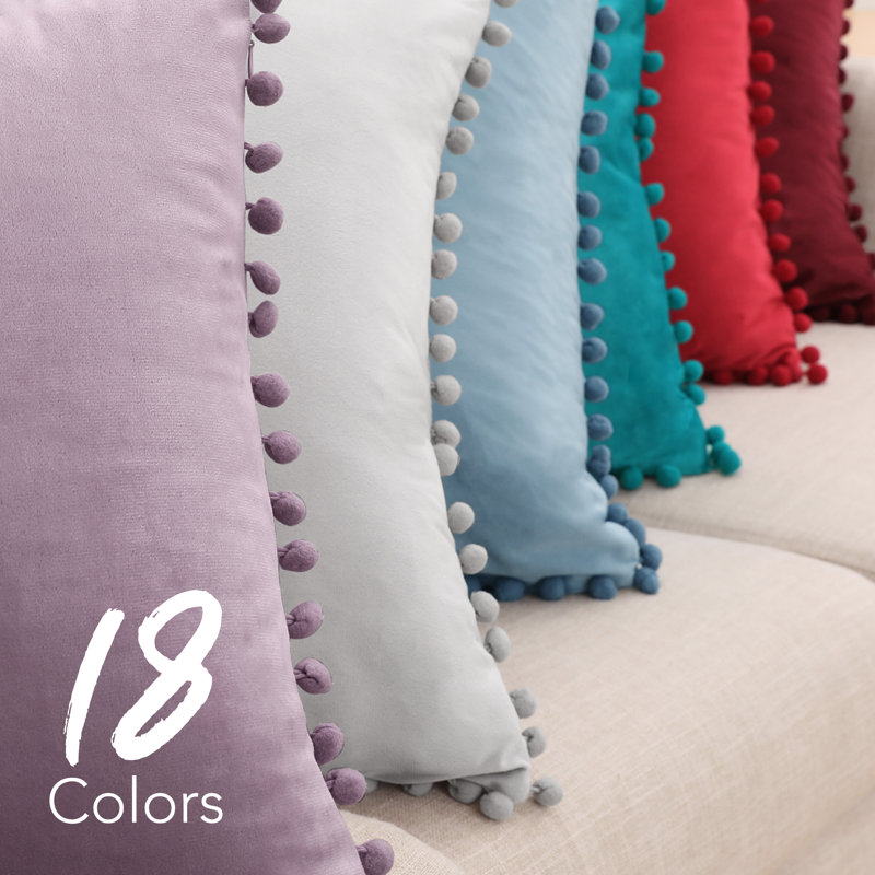Light Gray Velvet Euro Pillowcase with Pom Poms