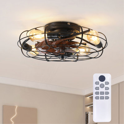 Ventilateur de plafond industriel grillagé de 50 cm avec éclairage, moteur CC réversible à 6 vitesses, culot E26, télécommande, minuterie, faible niveau sonore (30 dB), décoration style ferme/industrielle pour chambre, salon ou cuisine