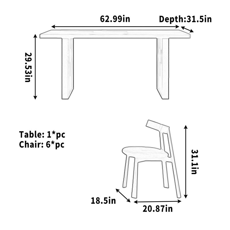 Mease, 7 pièces : table, 6 chaises, H 29,53 po x l 62,99 po x P 31,5 po, Brun