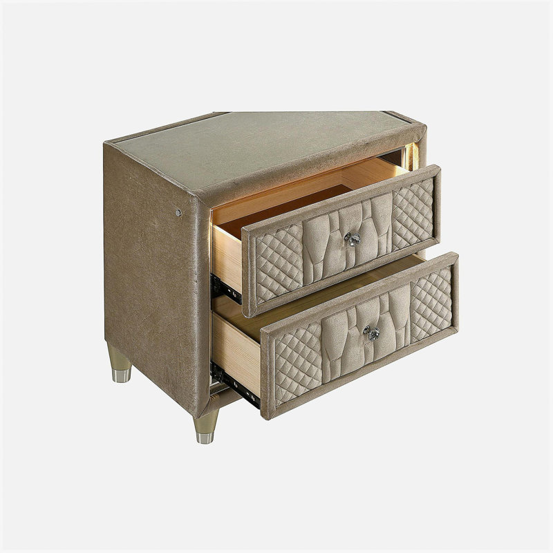 2-Drawer LED Nightstand with Dual USB, Ivory and Camel