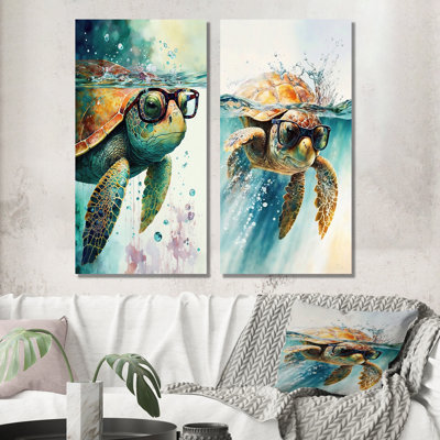 Tortue avec lunettes dans l'océan II - ensemble d'art mural tortue 2 pièces