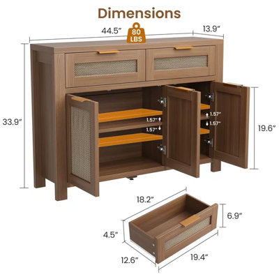 Natural Rattan Sideboard Buffet Cabinet, 2 Drawers & 3 Rattan Door Storage Credenza, Farmhouse Wood Coffee Bar Cabinet for Dining Room Entryway Living Room