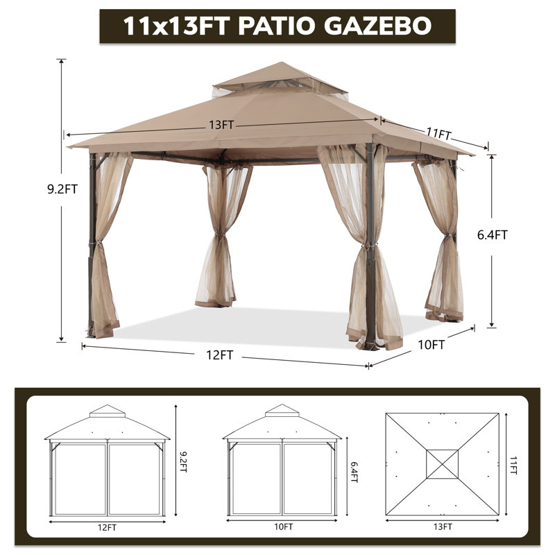 Steel Patio Gazebo The Soft Roof, 110" H x 156" W x 132" D, Khaki