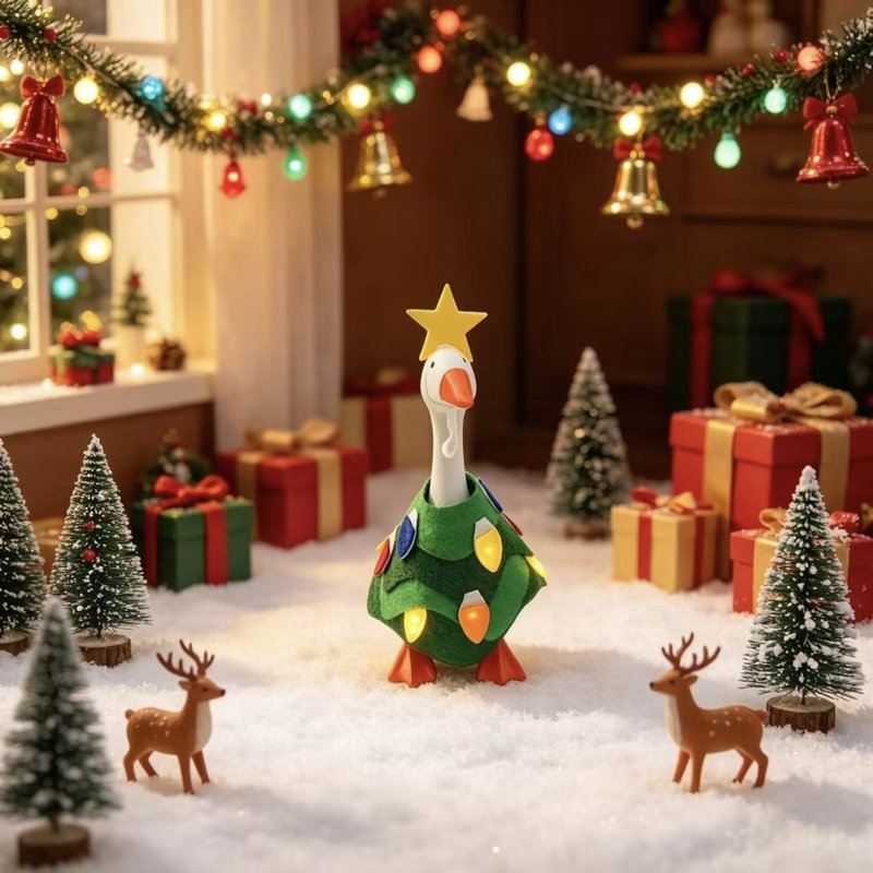 Décorations de Noël : oies de Noël de 18 cm, vêtements, sapin de Noël avec lumières en forme d’étoile et tenues d’oies, décorations et ornements de Noël