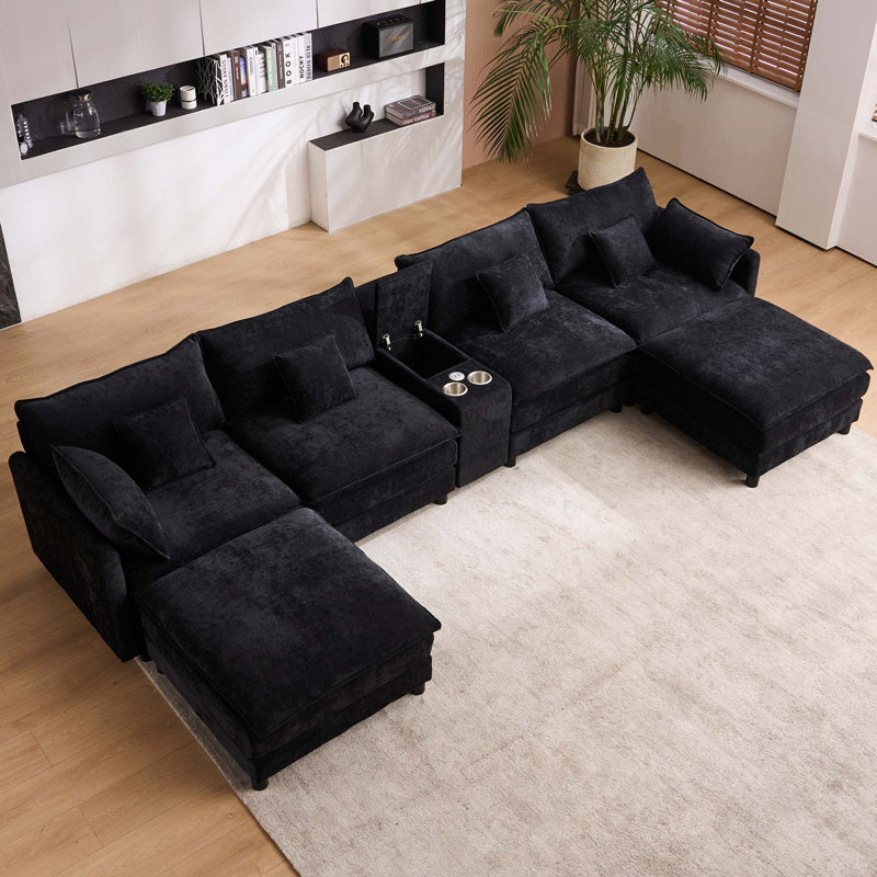 Ensemble de canapé 145 pièces de 145 pouces avec console centrale, table basse et 6 coussins, Noir
