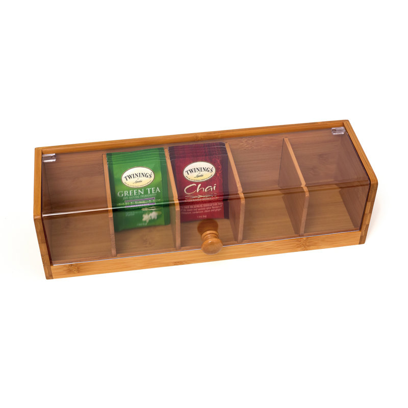 Natural Bamboo and Acrylic 5-Section Tea Box Organizer