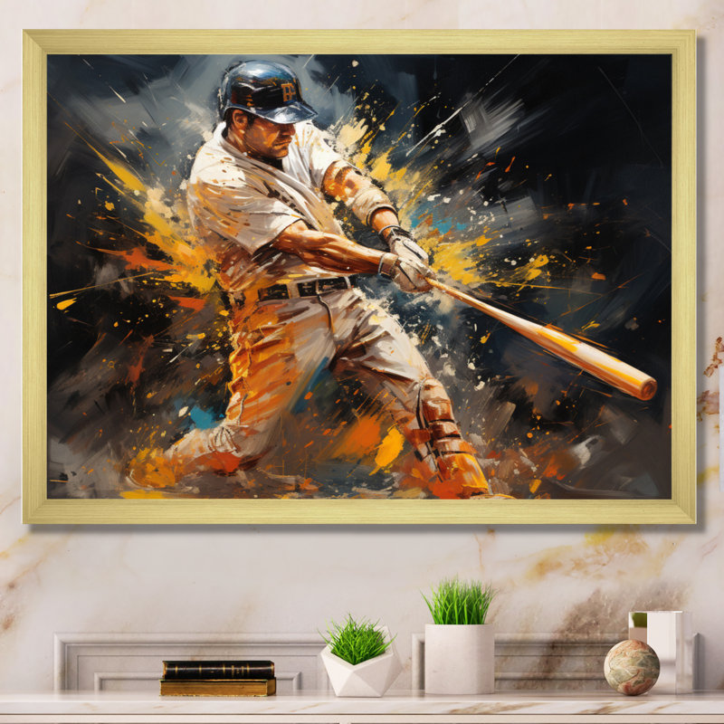 Baseball abstrait Home Run - Art de baseball sur toile, H 30 po x l 40 po x P 1,5 po, Encadrement doré