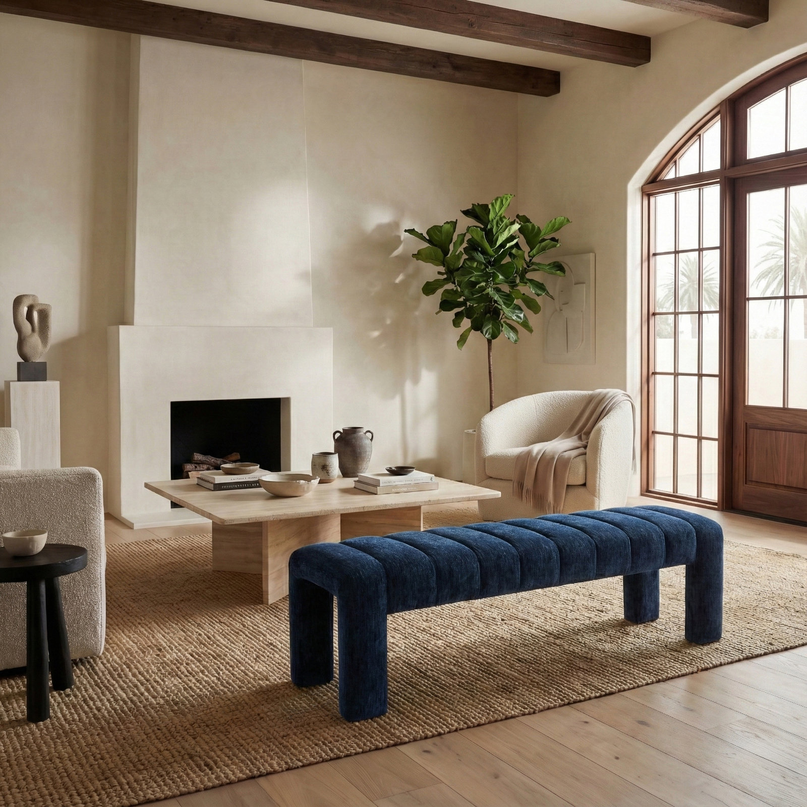 Gliese 63" Velvet Bedroom Bench, Navy Chenille