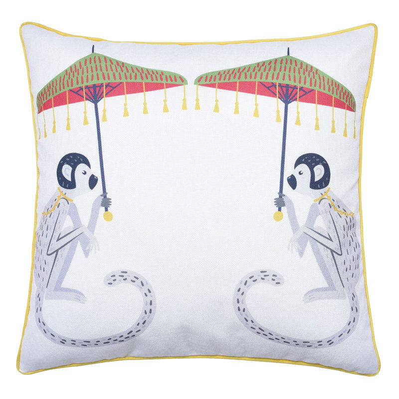 Monkey Print and Navy Velvet Double Sided Pillow with Yellow Piping, 24" x 24"