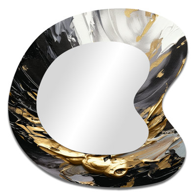Feiga Golden Wave Reflections VIII - Abstract Asymmetrical Mirror, Black Unique Shape Decorative Wall Mirror, Printed Metal Art
