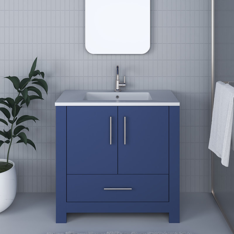 Boston 36'' Single Bathroom Vanity with Resin Top, Navy