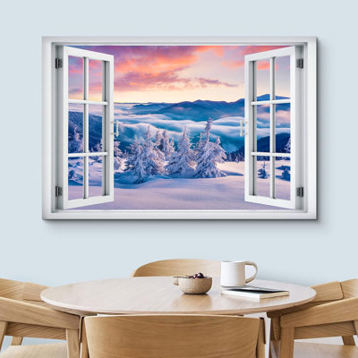 Fenêtre, paysage, fenêtre, coucher de soleil, hiver, merveilles, chaîne de montagnes, nature, paysages, paysage