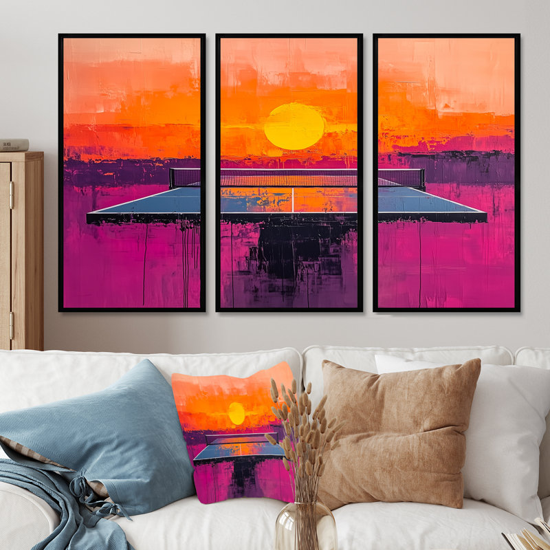 Jeu de ping-pong orange et mauve au coucher du soleil, H 28 po x l 36 po x P 1 po, Toile avec cadre flottant noir