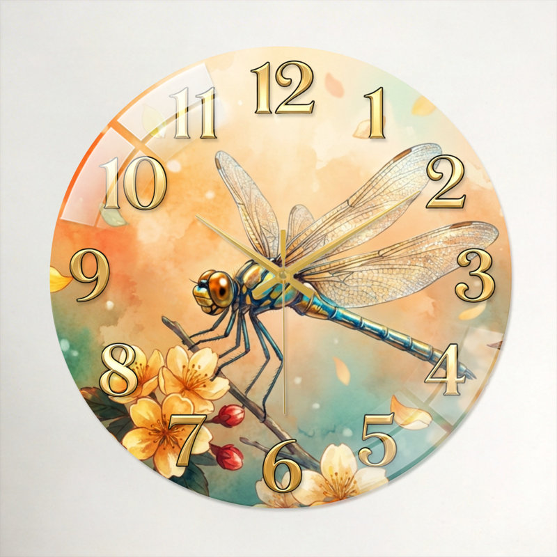 Libellule horloge murale en verre, 40 x 40 cm (15,7 x 15,7 pouces)