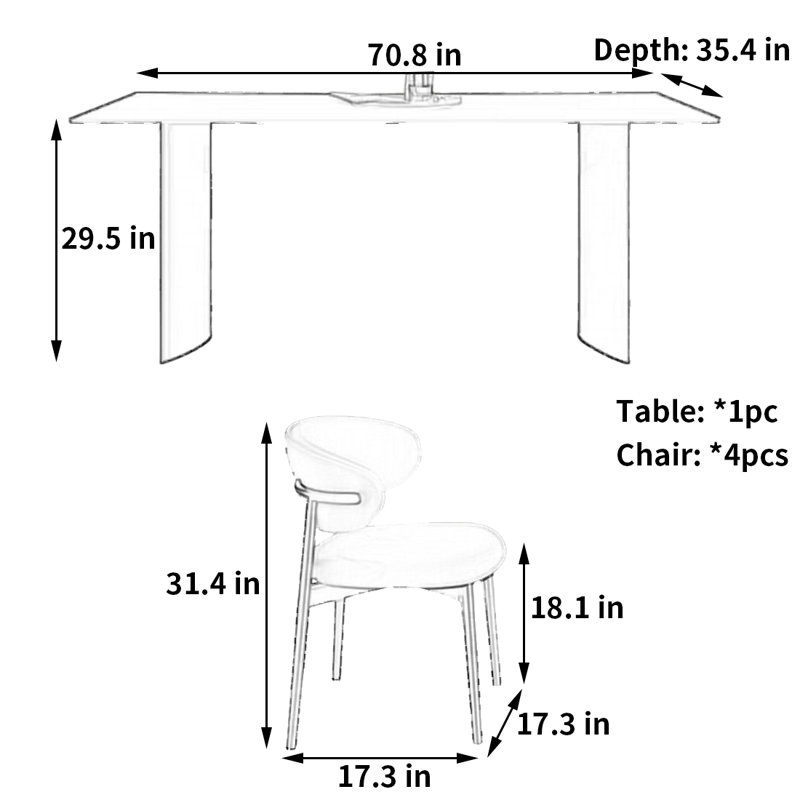Table et chaise de salle à manger minimaliste moderne, H 29,5 po x L 70,8 po x l 35,4 po