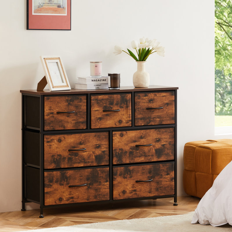 Verdi 7 Drawer 39.3" W Chest of drawer with Wood Top & Fabric Drawer, Rustic Brown