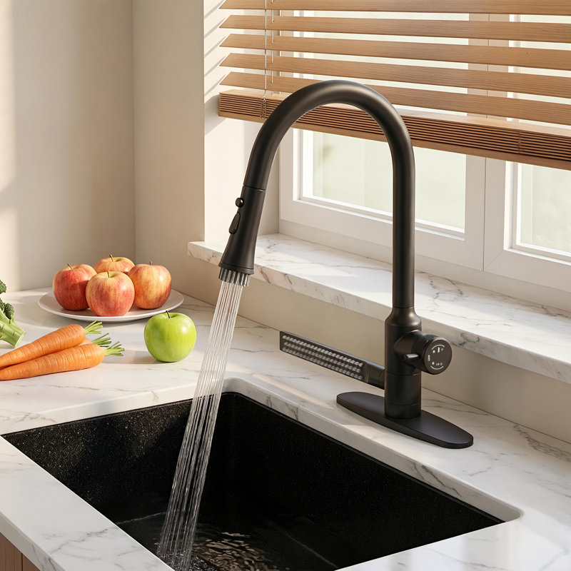 Pull-Down Kitchen Faucet With Side Sprayer & Built-In Cleaning Brush, 3 Spray Modes High-Arc Sink Faucet, Matte Black