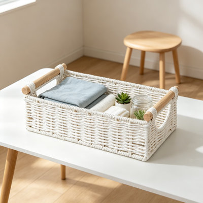 Plateau de rangement pour toilette en osier avec poignée découpée, organisateur décoratif mince pour comptoir, tablettes, salle de bain, salon, chambre de bébé et décoration polyvalente