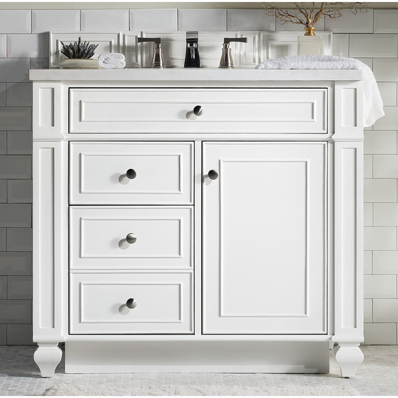 Bristol 36'' W Single Vanity, Carrara White, 8" Widespread, Whitewashed Walnut