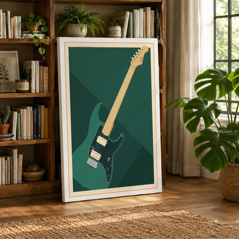 Teal Guitar Study Mid-Century - Wrapped Canvas, 30x20 - 76.2 x 50.8 cm, Taupe Border