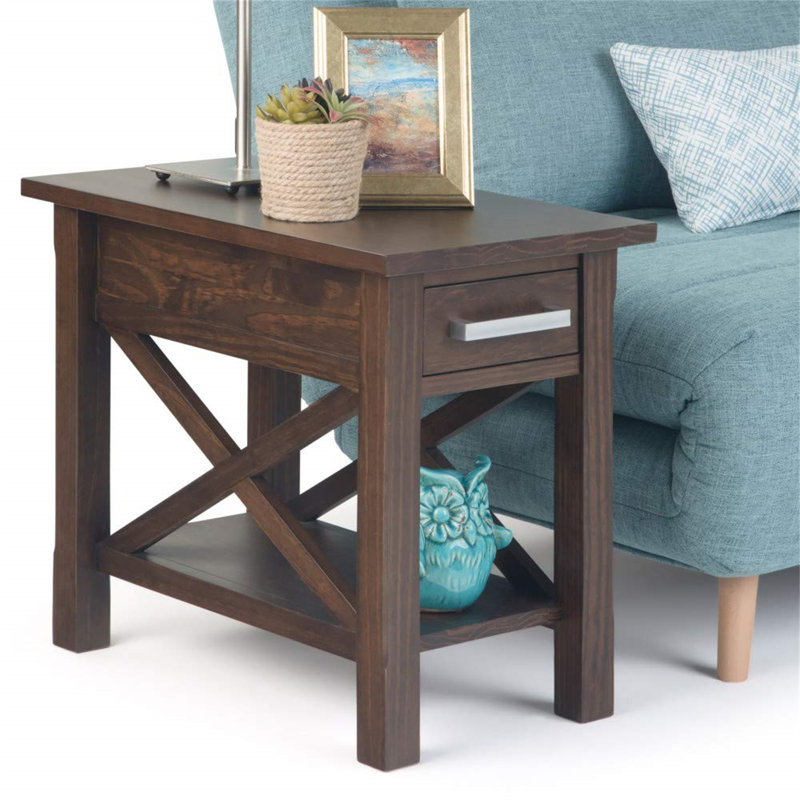 Table de bout étroite contemporaine en bois massif l 14 po avec tiroir Kitchener, 20" H x 14" W x 24" D, Noyer brun chaud
