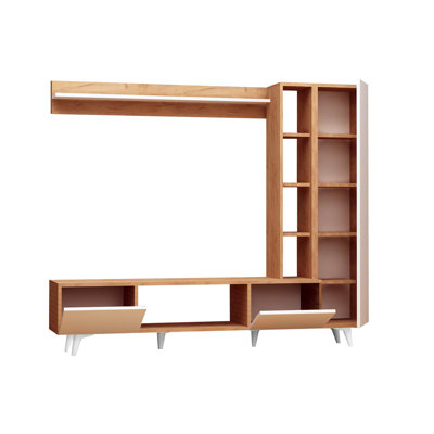 Meuble télé moderne avec tablette murale, finition chêne et blanc, 67,0 x 14,6 x 14,6 pouces | 100% panneau de particules enduit de mélamine, épaisseur: 0,7 pouce | Comprend de nombreuses tablettes, des pieds en plastique, une conception murale, un style scandinave