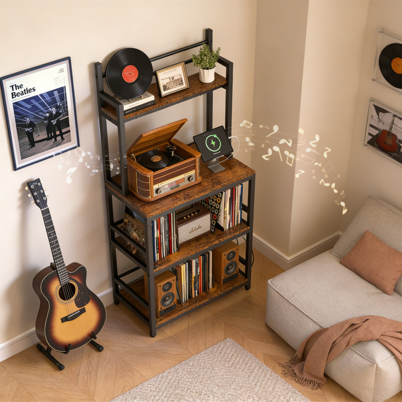 Large Record Player Stand With Vinyl Storage, Holds 500+ Albums, Charging Station, CD/DVD Rack, For Living Room, Bedroom
