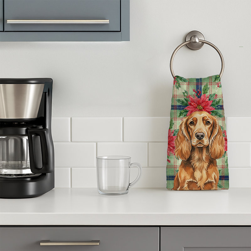 Sussex Spaniel Christmas PoinsettIas Kitchen Towel, Brown Sussex Spaniel