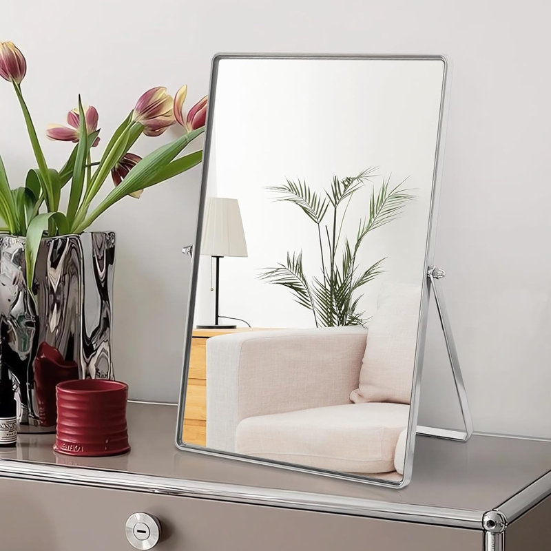 Miroir de maquillage rectangulaire avec support en métal 