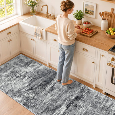 Tapis abstrait lavable - Grand tapis antidérapant pour salon, entrée, chambre, cuisine, intérieur, dos en caoutchouc, aspect vieilli, résistant aux taches, décor de plancher, lavable à la machine, noir, bleu, gris