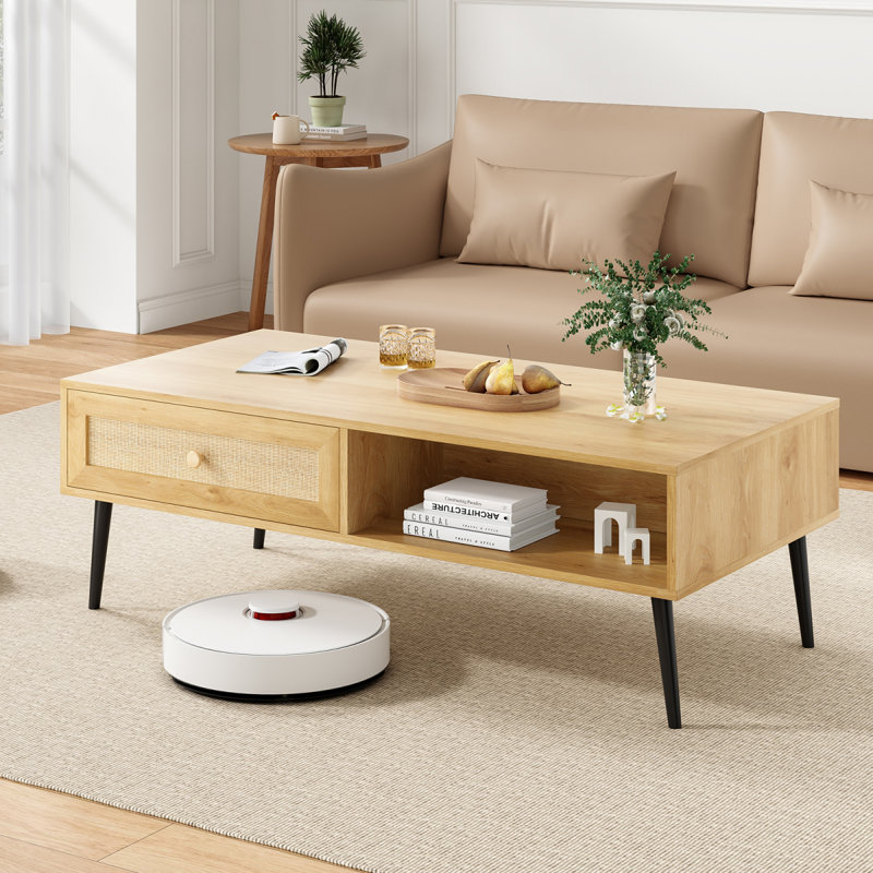 Table basse de style Mid-Century moderne, console rectangulaire de 47 pouces avec tiroir et tablette, table basse en bois pour salon, bureau, naturel