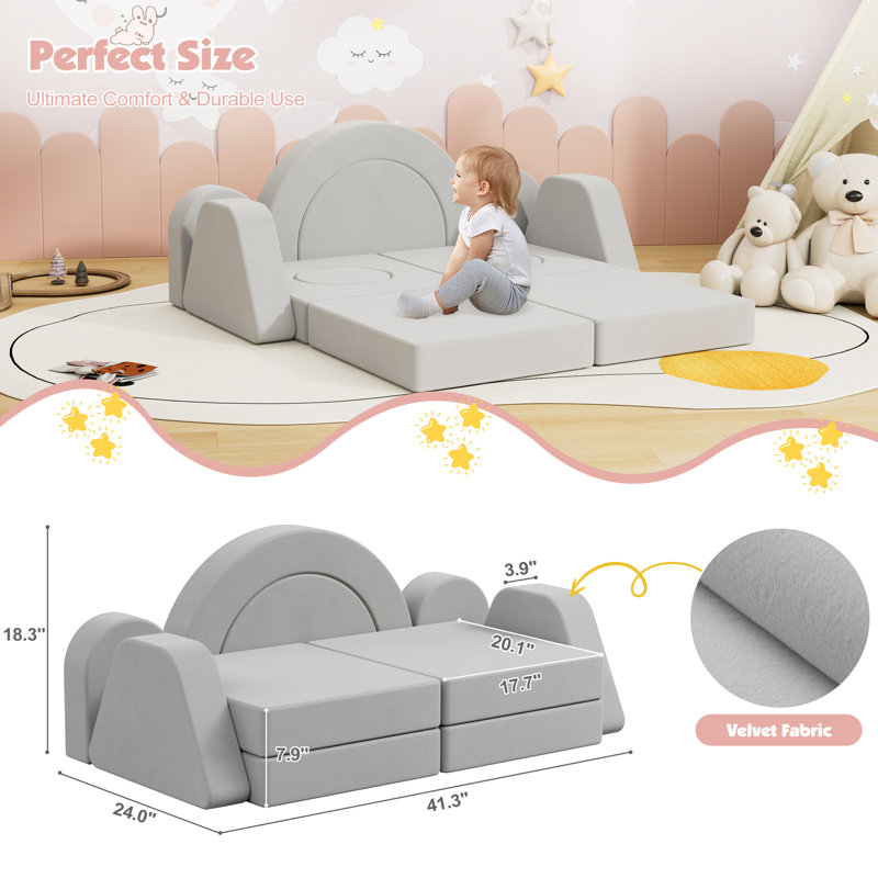 Johnson Velvet Modular Kids Play Couch, Kids Toddler Couch, Sectional Sofa, Grey